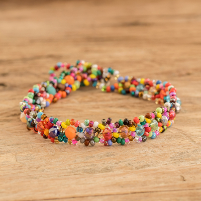 Glass and crystal beaded bracelet, 'Festive Magical Whispers' - Handcrafted colourful Glass and Crystal Beaded Bracelet