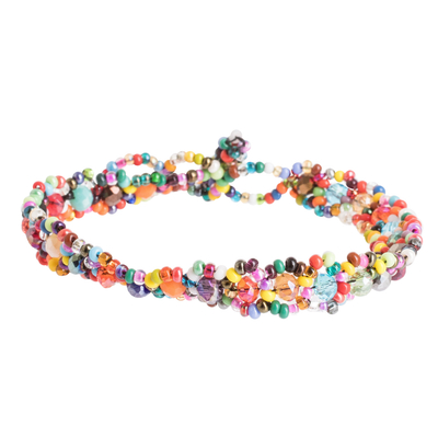 Glass and crystal beaded bracelet, 'Festive Magical Whispers' - Handcrafted Colorful Glass and Crystal Beaded Bracelet