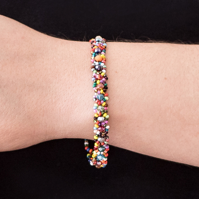 Glass and crystal beaded bracelet, 'Festive Magical Whispers' - Handcrafted colourful Glass and Crystal Beaded Bracelet