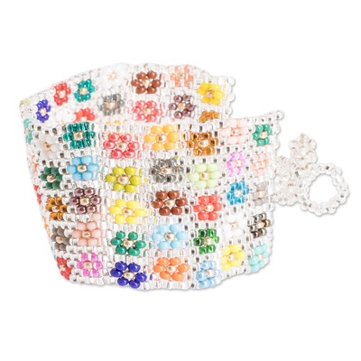 Glass beaded wristband bracelet, 'Ethereal Blossoming Harmony' - Handcrafted Floral Glass Beaded Wristband Bracelet