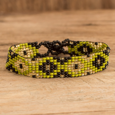 Glass beaded wristband bracelet, 'Dual Delight in Green' - Handcrafted Green and Black Glass Beaded Wristband Bracelet