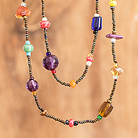 Glass and crystal beaded long necklace, 'Multicolor Emotions'