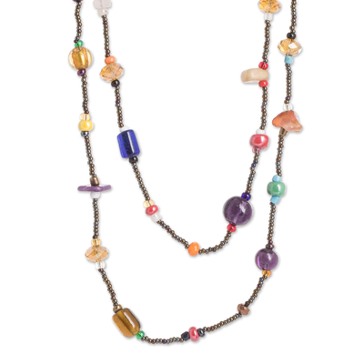 Glass and crystal beaded long necklace, 'Multicolor Emotions' - Handcrafted Glass and Crystal Beaded Long Necklace