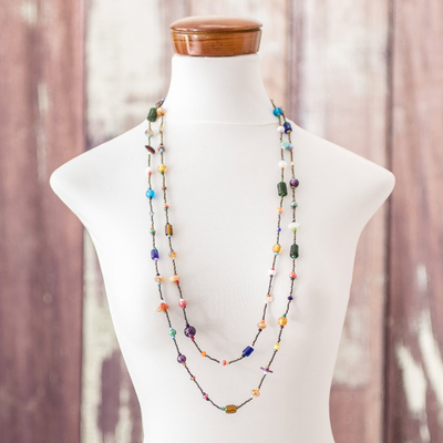 Glass and crystal beaded long necklace, 'Multicolor Emotions' - Handcrafted Glass and Crystal Beaded Long Necklace