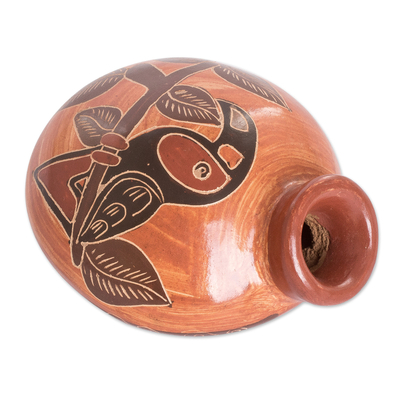 Handcrafted Toucan-Themed Brown Ceramic Decorative Vase
