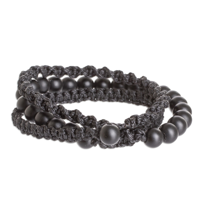 Onyx beaded macrame wrap bracelet, 'Protective Shadows' - Handcrafted Black Macrame Wrap Bracelet with Onyx Beads
