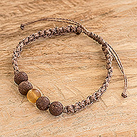 Beaded macrame bracelet, 'Volcano Energies' - Handcrafted Brown Macrame Bracelet with Volcanic Stones