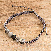 Marble and onyx beaded macrame bracelet, 'Mineral Energies' - Handcrafted Grey Macrame Bracelet with Marble and Onyx Beads