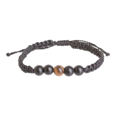Onyx and tiger's eye beaded macrame bracelet, 'Dark Energies' - Black Macrame Bracelet with Onyx and Tiger's Eye Beads