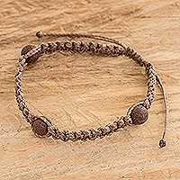 Beaded macrame bracelet, 'Earth Powers' - Handmade Brown Macrame Beaded Bracelet with Volcanic Stones