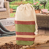 Cotton drawstring coffee bag, 'Cup of Joe' - Striped Cotton Drawstring Coffee Bag Hand-Woven in Guatemala