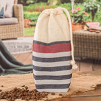 Cotton drawstring coffee bag, 'Cup of Java' - Reusable Handwoven Cotton Drawstring Coffee Bag with Stripes