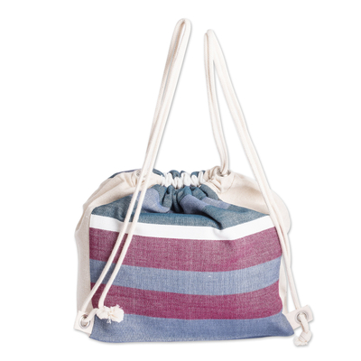 Foldable cotton drawstring backpack, 'Winter Rose' - Striped Blue & Magenta Foldable Cotton Drawstring Backpack