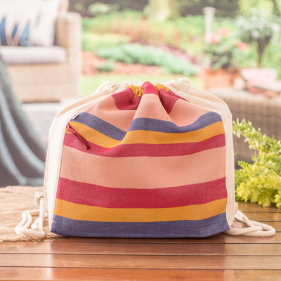Foldable cotton drawstring backpack, 'Springtime' - Foldable Cotton Drawstring Backpack with Colorful Stripes