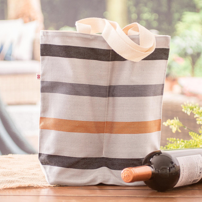 Cotton wine bottle bag, 'Here's To Earth' - Striped Cotton Wine Bottle Bag Handwoven in Guatemala