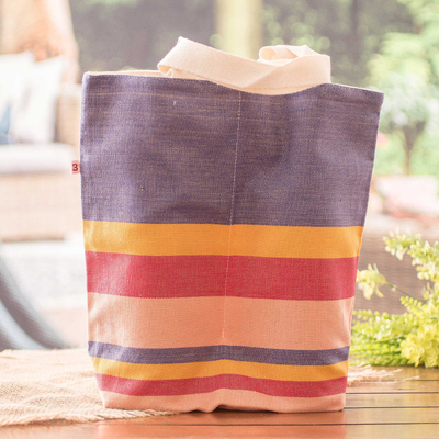 Cotton wine bottle bag, 'Here's To Spring' - colourful and Striped Handwoven Cotton Wine Bottle Bag