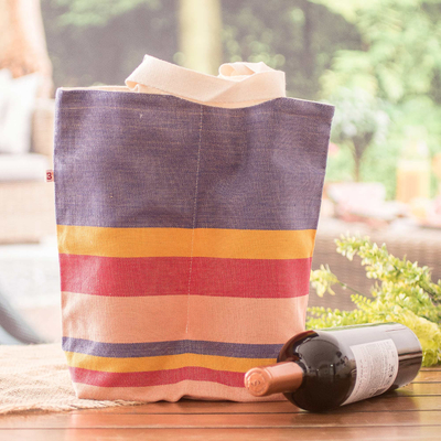 Cotton wine bottle bag, 'Here's To Spring' - Colorful and Striped Handwoven Cotton Wine Bottle Bag