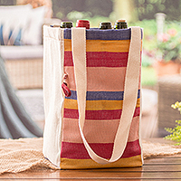 Foldable cotton wine bottle bag, 'Here's To Life' - colourful Handwoven Foldable Cotton Wine Bottle Bag