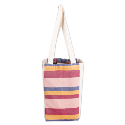 Foldable cotton wine bottle bag, 'Here's To Life' - Colorful Handwoven Foldable Cotton Wine Bottle Bag