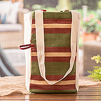 Foldable cotton wine bottle bag, 'Here's To Hope' - Hand-Woven Foldable Cotton Wine Bottle Bag with Stripes