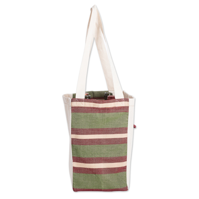 Foldable cotton wine bottle bag, 'Here's To Hope' - Hand-Woven Foldable Cotton Wine Bottle Bag with Stripes