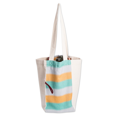 Foldable cotton wine bottle bag, 'Here's To Joy' - Striped Hand-Woven Foldable Cotton Wine Bottle Bag