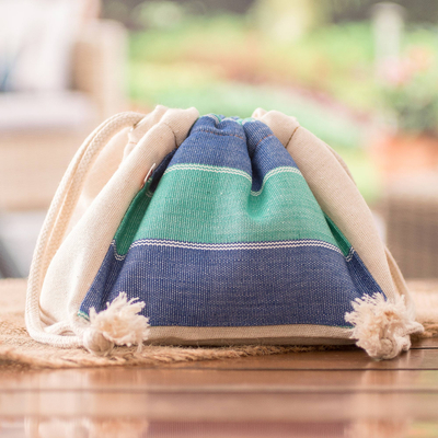 Cotton drawstring toiletry bag, 'Emerald' - Aqua & Blue Handwoven Striped Cotton Drawstring Toiletry Bag