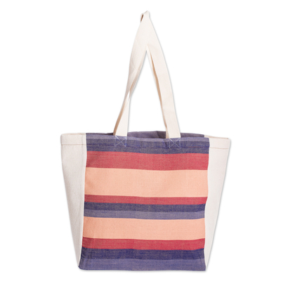 Foldable cotton tote bag, 'Fiesta' - Striped Foldable Cotton Tote Bag Hand-Woven in Guatemala