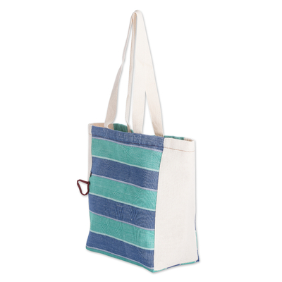 Foldable cotton tote bag, 'Pearls' - Striped Foldable Cotton Tote Bag Hand-Woven in Guatemala