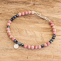 Rhodonite and crystal beaded pendant bracelet, 'Lovers' Moon' - Rhodonite and Crystal Beaded Bracelet with Silver Pendant