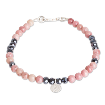 Rhodonite and crystal beaded pendant bracelet, 'Lovers' Moon' - Rhodonite and Crystal Beaded Bracelet with Silver Pendant