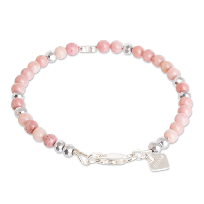 Rhodonite and crystal beaded pendant bracelet, 'Pink Emotions' - Heart Pendant Bracelet with Rhodonite and Crystal Beads