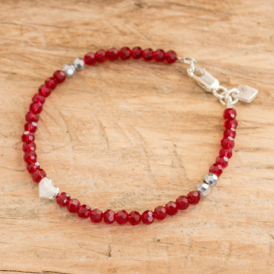 Crystal beaded pendant bracelet, 'Love Emotions' - Silver Heart Pendant Bracelet with Red Crystal Beads