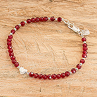 Crystal beaded pendant bracelet, 'Love Sensations' - Red Crystal Beaded Bracelet with Silver Heart Pendant