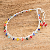 Crystal beaded macrame anklet, 'Rain of Emotions' - Handmade White Macrame Anklet with Colorful Crystal Beads