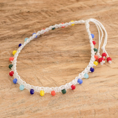 Crystal beaded macrame anklet, 'Rain of Emotions' - Handmade White Macrame Anklet with colourful Crystal Beads