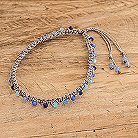 Crystal beaded macrame anklet, 'Rain of Sensations' - Handmade Brown Macrame Anklet with Blue Crystal Beads