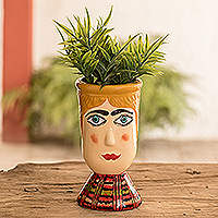 Ceramic flower pot, 'San Antonio's Giant' - Hand-Painted Warm-Toned Ceramic Flower Pot from Guatemala