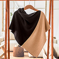 Cotton poncho, 'Guatemalan Sunrise' - Hand-Loomed Black & Tan Cotton Poncho with Fold-Over Collar