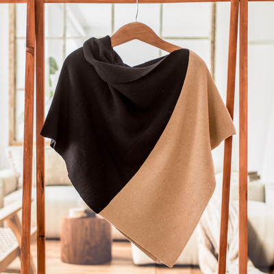 Cotton poncho, 'Guatemalan Sunrise' - Hand-Loomed Black & Tan Cotton Poncho with Fold-Over Collar