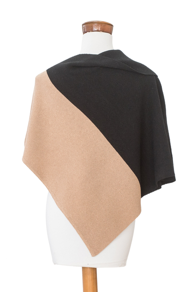Poncho de algodón - Poncho de algodón negro y tostado tejido a mano con cuello plegable