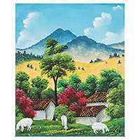 'Sheep Graze' - Pintura impresionista de paisaje al óleo de ovejas pastando
