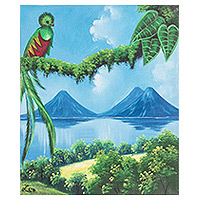 'Resplendent Quetzal' - Impressionist Oil Painting of Perching Quetzal Bird
