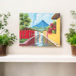 'San Sebastian Street' - Impressionist Oil Painting of Street & Volcano in Guatemala