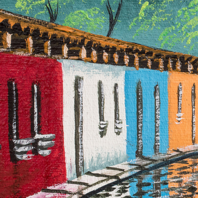 'San Sebastian Street' - Impressionist Oil Painting of Street & Volcano in Guatemala