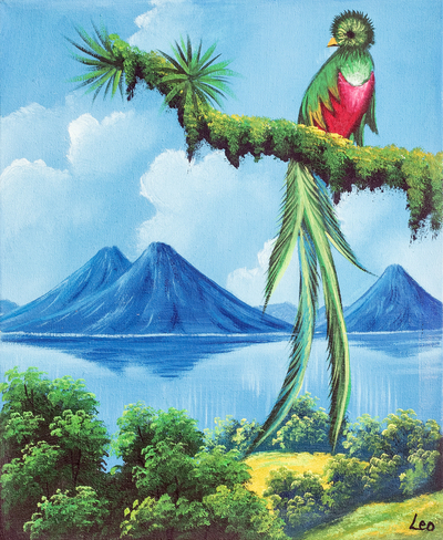 'Lake in Guatemala' - Impressionist Oil Painting of Guatemalan Quetzal Bird