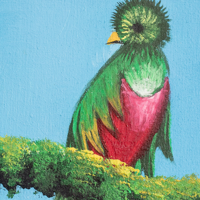 'Lago en Guatemala' - Pintura al óleo impresionista del pájaro Quetzal guatemalteco