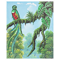 'Beautiful Quetzal' - Impressionist Oil Painting of Quetzal Bird in The Forest