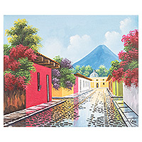'Calle San Francisco' - Pintura al óleo impresionista de una pequeña calle de un pueblo en Guatemala