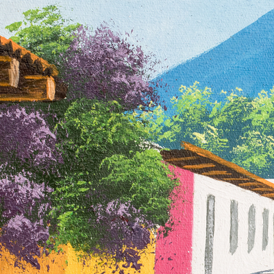 'Saint Francis Street' - Pintura al óleo impresionista de calle de pueblo pequeño en Guatemala